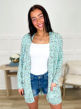 Teal speckled knit long-sleeve cardigan with open front and textured fabric