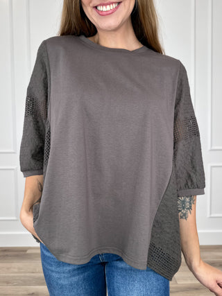 Grey cotton-blend short sleeve top with mesh lace sleeve panels and curved hem
