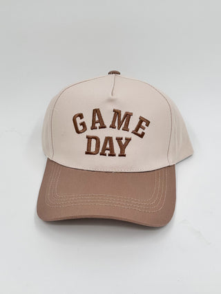 Game Day embroidered hat with beige crown, mocha-brown brim, and brown “GAME DAY” stitching