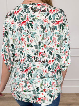 Back of floral dolman sleeve rayon-blend top in mint with red and green leaf print