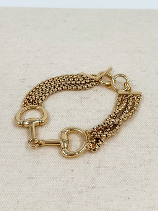 Gold chain bracelet with oval ring clasp and layered mesh links