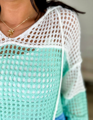 Looking For Sea Glass Knit Long Sleeve Blue Avery Mae Hooded Top