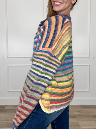 Multicolor striped knit button-up cardigan with long sleeves