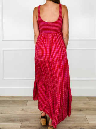Pink gingham rayon-blend sleeveless maxi dress, low back, smocked waist, tiered hem