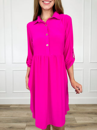Dear Scarlett winkle-free dress, bright pink button-front collar with gathered skirt