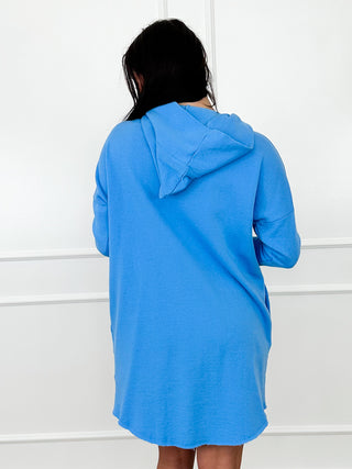 Light blue cotton-blend hooded cardigan, back view, long sleeves and hood