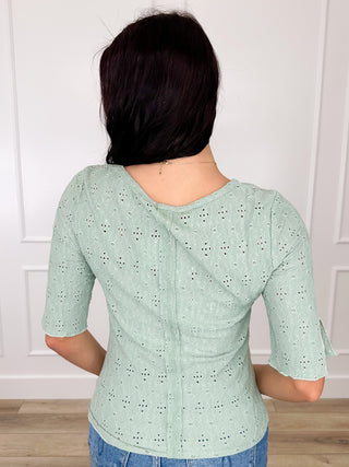 Green 3/4 sleeve knit top, back view, scoop neckline and eyelet detail