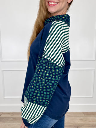 Cotton long-sleeve top, navy-blue with striped cuffs and green floral side panel