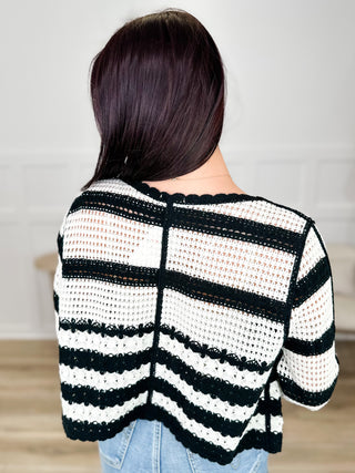 Cream and black striped knit cardigan, long sleeves, button-back design
