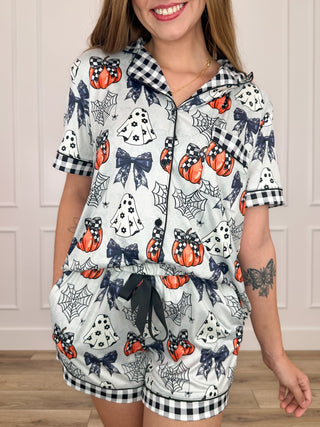 Pumpkin-print high-rise pajama set with button-up shirt and matching shorts