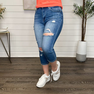 Risen Kaia Distressed High Rise Medium Wash Capris