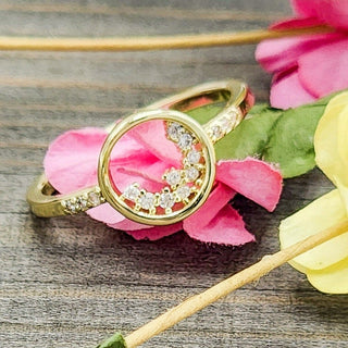 Gold cluster ring with round bezel of sparkling gemstones on slim band