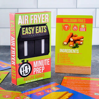 Air fryer easy eats minute prep recipe cards with wooden stand and recipe card