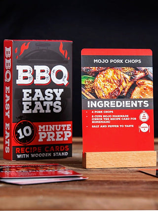 BBQ easy eats minute prep recipe cards with wooden stand and recipe card