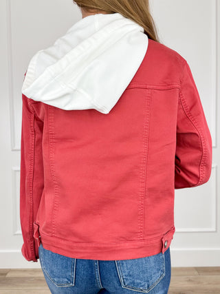 Brick red hooded denim jacket back view with kangaroo pocket and long sleeves