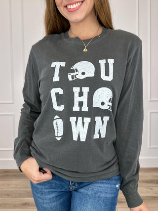 Grey long-sleeve graphic tee shirt with football and text front print