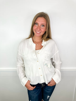 Hem & Thread Such a Great Day Knit Long Sleeve White Avery Mae Mom Cropped Button Up Top