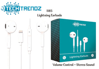 Wired Lightning earbuds with volume control, stereo sound, in retail box