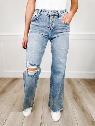 Risen Kenzie Distressed High Rise Button Fly Fray Hem Wide Leg Medium Wash Blue Jeans