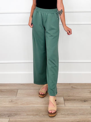 High-rise wide-leg pull-on pants, dark green with elastic waistband
