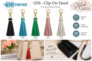 Tassel key ring set with gold clips, 5 assorted colors: black, blue, green, pink, gray.