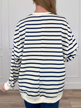 Ribbed long-sleeve henley striped top in cream and navy, back view
