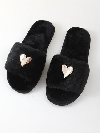 Plush heart slippers, black fuzzy slide style with gold heart appliques
