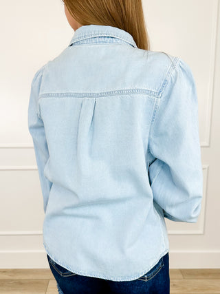 Risen Courtney Cotton Long Sleeve Light Wash Denim Button Up Top