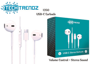 Wired USB-C earbuds set with volume control, L/R marked earbuds and USB-C plug, box