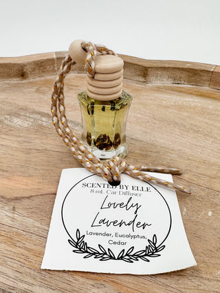 Glass scent diffuser bottle with wooden stopper and rope cord, label: Lovely Lavender