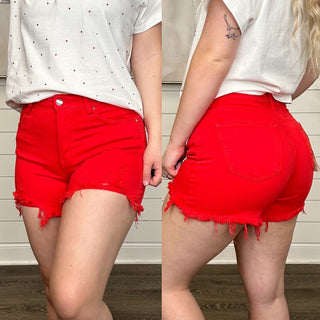 Risen Anna Distressed High Rise Red Shorts