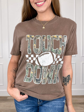 Brown cotton short-sleeve tee with large football Touchdown graphic on front