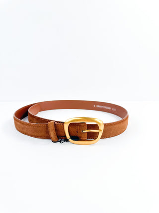 Tan leather belt with gold buckle and matching leather keeper