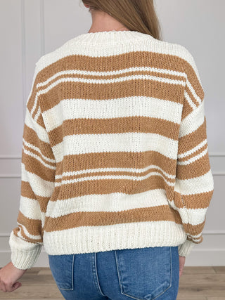 Ivory and tan striped knit long-sleeve cropped sweater shown from the back