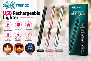 USB rechargeable lighter with LED indicator, black, rose gold, and silver models