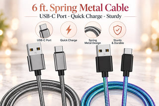 Metallic braided 6ft USB-C cable with USB-C connectors, gun metal and blue