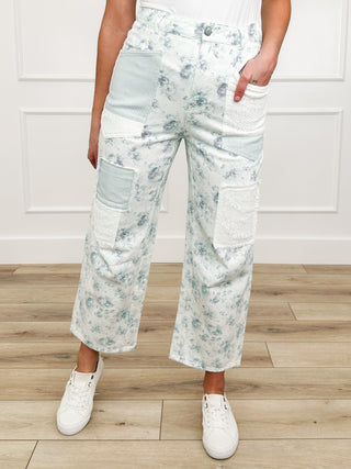 High-rise cotton wide-leg jeans with blue speckle print and cargo patch pockets