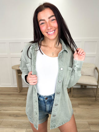 Fall Into Me Cotton Blend Long Sleeve Green Avery Mae Shacket