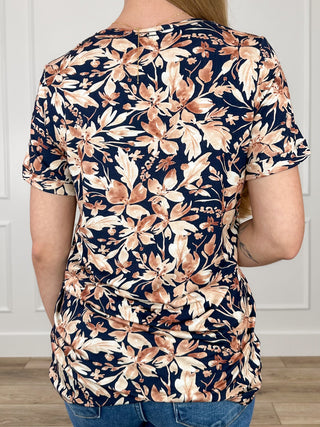 Blue floral rayon-blend short-sleeve top with ruched back detail