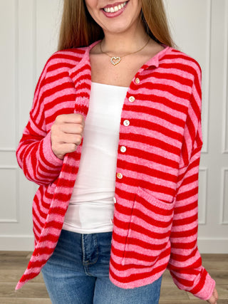 Long-sleeve knit cardigan front view, red-and-white stripes with button placket