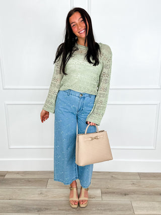 DOORBUSTER!! Keep the Beat Knit Long Sleeve Green Avery Mae Mom Cropped Sweater Top