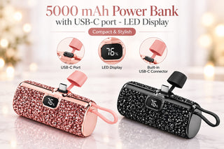 Glitter power bank with USB-C port and LED display, rose-gold and black versions