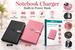 Notebook wireless charger with built-in 15W pad and card slots, pink cover