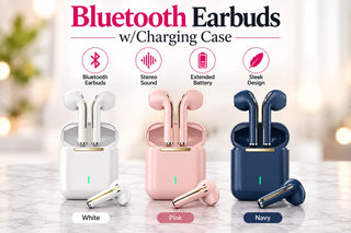 Metallic true wireless earbuds bundle with charging case, showing white, pink, and navy