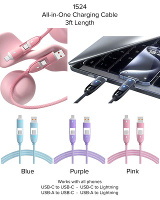 Braided 4-in-1 charging cable 3-pack: USB-A to USB-C and Lightning, blue/purple/pink