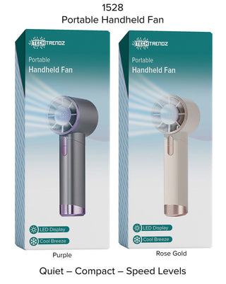 Retail box for portable handheld fan with LED display, purple and rose gold variants
