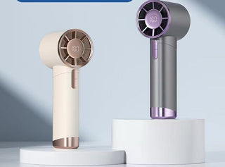 Cream and gray portable handheld fans on white stands, round grille and small display