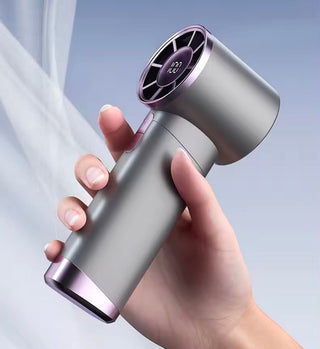 Gray portable handheld fan with round front grille and LED display