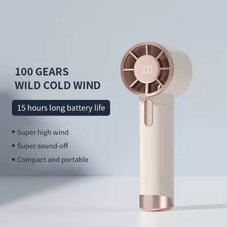 Beige portable handheld fan with rose-gold front grille and side power button