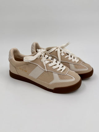 Sand faux suede lace-up sneakers, low-top with tan panels and white laces